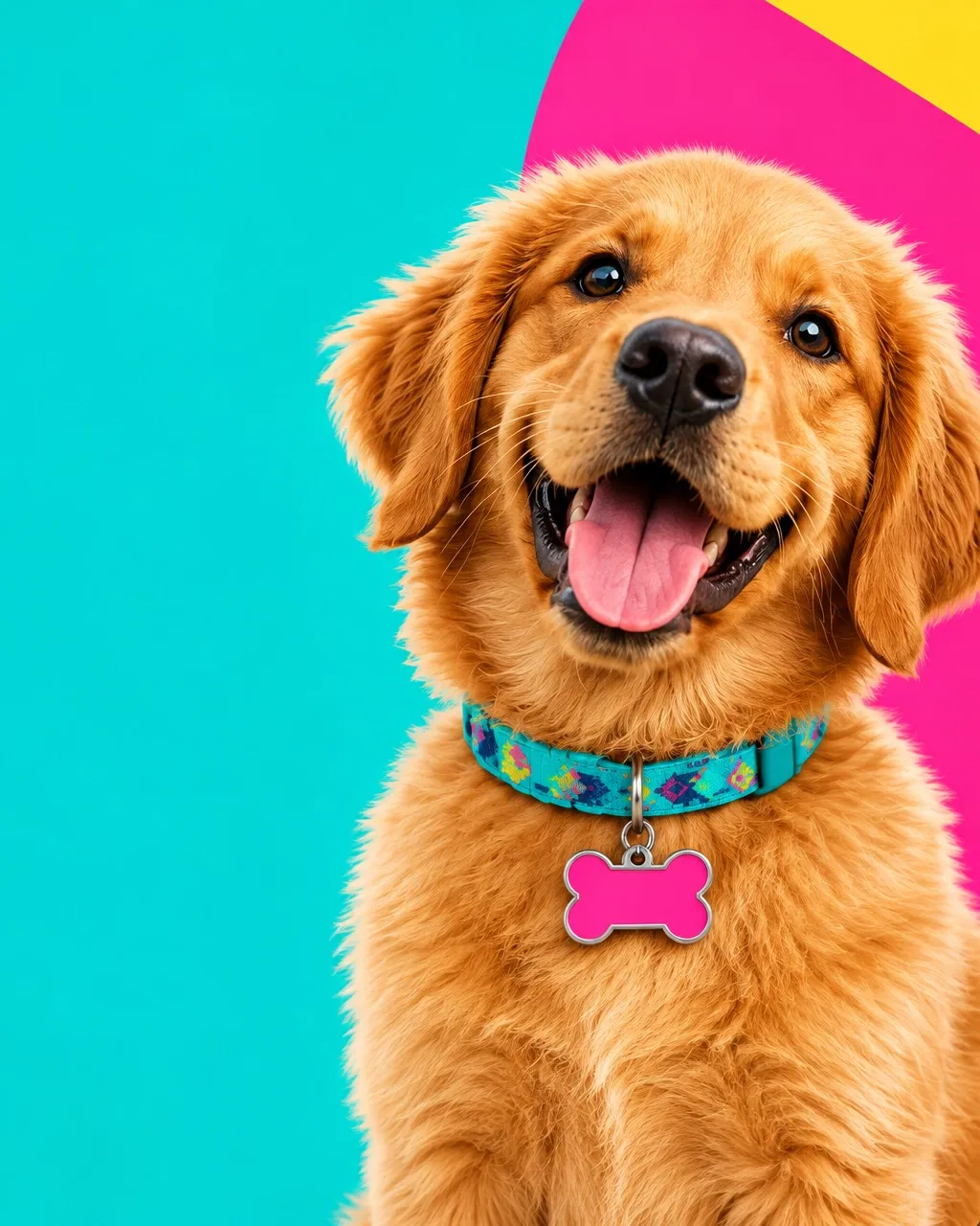 A cheerful golden retriever wearing a bright turquoise collar and pet tag